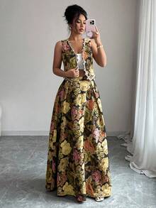 Elenzga Standard Size Women 2 Pieces Set: Shell Trim Decorated Front Opening Top + Embroidered Skirt