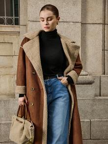 Easura Plus Size Women Faux Shearling Long Sleeve Mid-Length Jacket, Fashionable Winter Fall Autumn