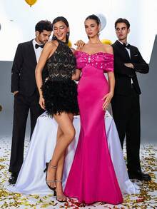 Glamrae Váy dài chấm đất, eo cao, viền đuôi cá, cổ tim, thắt nơ lớn, đính pha lê thủ công màu tím thanh lịch và tinh tế, thích hợp cho các buổi hẹn hò, tiệc độc thân, đám cưới, sự kiện trang trọng - Màu Hồng Tươi - Xem 8