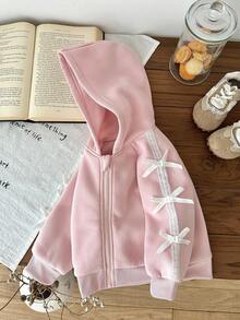 SHEIN 女婴休闲运动连帽夹克，带蝴蝶结装饰，适合秋冬外出 - 粉色 - 查看 5