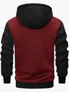 Manfinity Campus Court Aesthetic Post--Men's Autumn Letter Print Contrast Color Single-Breasted Drawstring Hooded Long Sleeve Jacket - Burgundy - View 2