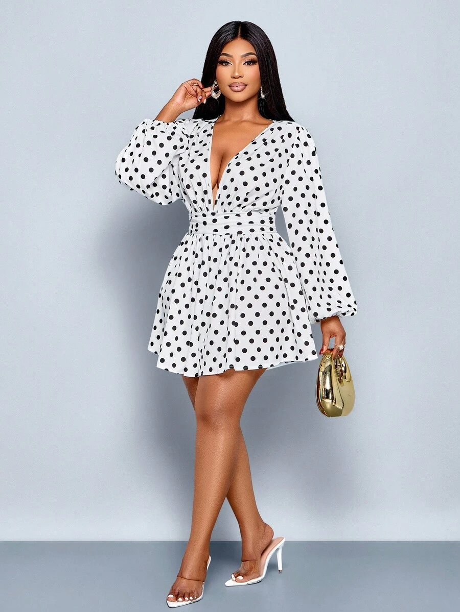 SOLERSUN Mono elegante de mujer con estampado de lunares, cuello en V profundo y cintura ceñida, mono de verano/otoño para mujer - Blanco y Negro - Ver 1