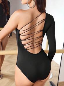 Menodora SHEIN Sport Jednokolorowy damski kombinezon do tańca z jednym ramieniem i długim rękawem, z odkrytymi plecami