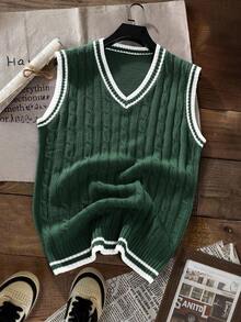 Manfinity Hypemode Men's Casual Daily Collegiate Striped Trim Cable Knit V-Neck Sweater Vest, Old Money, Fall Winter Clothes - Multicolor - View 3