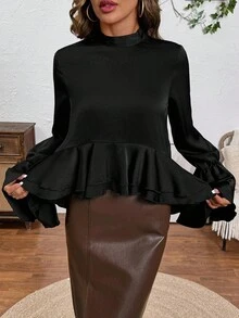 SHEIN LUNE 女式荷叶边饰带袖口喇叭袖衬衫 - 黑色 - 查看 5