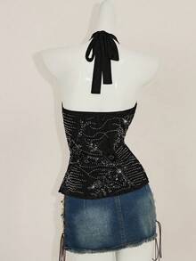 SHEIN ICON Y2k 露背勃艮第外出复古波西米亚嬉皮音乐会串珠时尚度假闪光派对闪亮亮片无袖短款上衣，露背修身夏季背心 - 黑色 - 查看 2