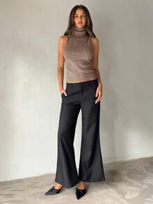 Aloruh Áo len dệt kim cổ cao không tay bó sát màu yến mạch mới dành cho nữ mùa thu/đông, thích hợp mặc hàng ngày - Màu Khaki - Xem 6