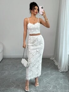 Rafferiza 2 件套女士蕾丝纯色细肩带蕾丝边拼接露背开衩节日派对优雅迷人性感波西米亚风格度假夏季无袖上衣和裙子套装