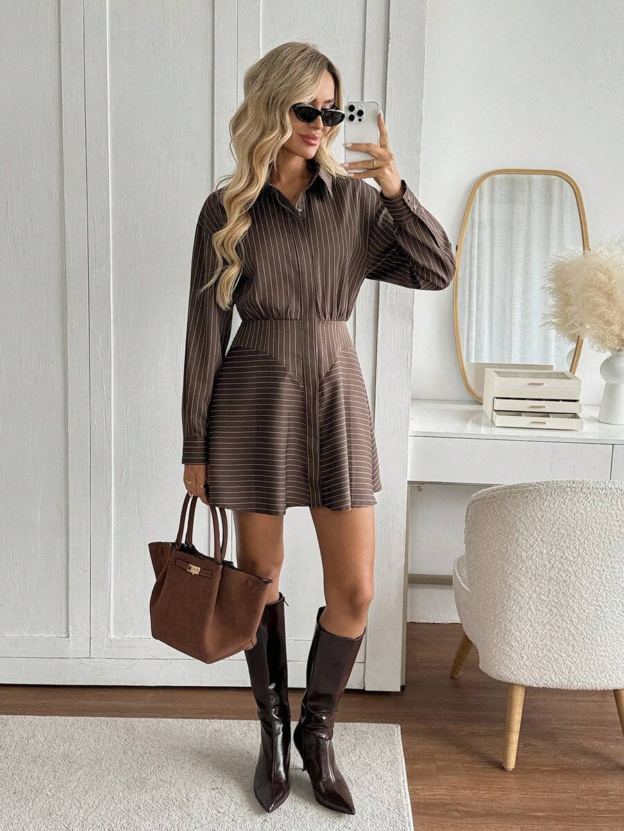 Easowa Women's Casual Commuter Striped Mini Dress Brown Striped Dress Long Sleeve Shirt Dress Striped Shirt Dress Coffee Brown Dress Brown Mini Dress Winter Dresses For Women Elegant Party Dresses   Brown Dress Formal Women's Clothes