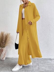 SHEIN LUNE 女士纯色长袖单排扣长衬衫和裤子休闲宽松两件套 - 黃色 - 查看 4
