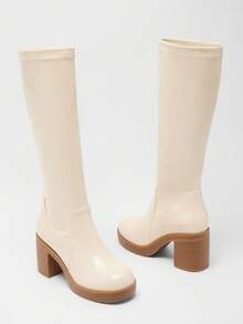 Solezae Women Comfortable Platform Bock Heel Zip-On Mid-Calf Boots - Beige - View 2
