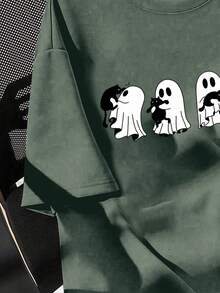 SHEIN CURVE+ T-shirt à manches courtes col rond avec imprimé fantôme et chat noir, grande taille. Design minimaliste casual, convient pour l'été, Halloween, automne et hiver