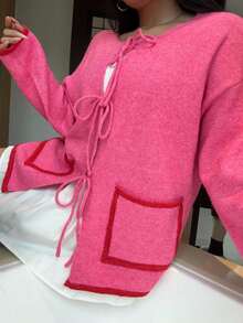 Sunnyshic Damen Große Größen Kontrast Saum Tasche Schleife Vorne Strickjacke, süß & lässig