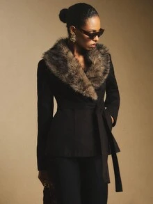 Poéselle Women's Fashionable Elegant Tie-Front Slim-Fit Coat With Detachable Faux Fur Collar-Fall/Winter Holiday Season,Black Cropped Jacket,Black Fur Coat,Teddy Coat,Winter Women Coat, Fur Coat Women, Women Winter Clothes, Black Blazer For Women - Black - View 7