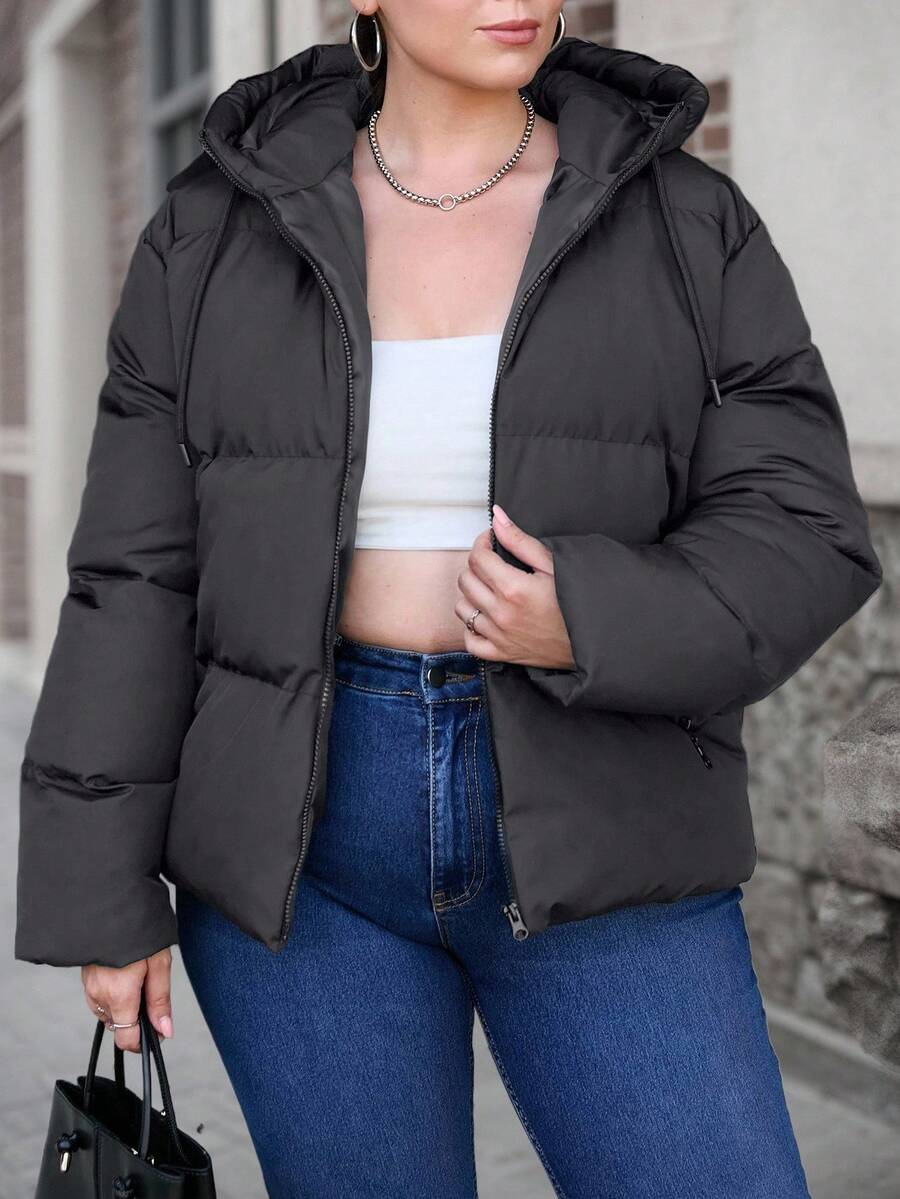 RueChic Plus Size Zip Up Hooded Puffer Coat, For Winter - Black - View 1