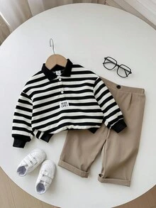 SHEIN 2 件男婴秋冬可爱百搭条纹长袖领运动衫和松紧腰休闲裤套装，适合生日派对、狂欢、晚会、表演、婚礼、宝宝满月、洗礼和 1 岁生日庆祝活动 - 彩色 - 查看 6