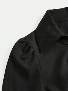 Girlism Teen Girl V-Collar Ruffle Flared Sleeve Blouse, Waist Cinched , Black Long Sleeve Shirt, Witchy ,Button Down Blouse, Concert, Airport, New Year, Valentine Black Button Up Shirt Bell Sleeve Blouse Formal Fall Winter - Black - View 4