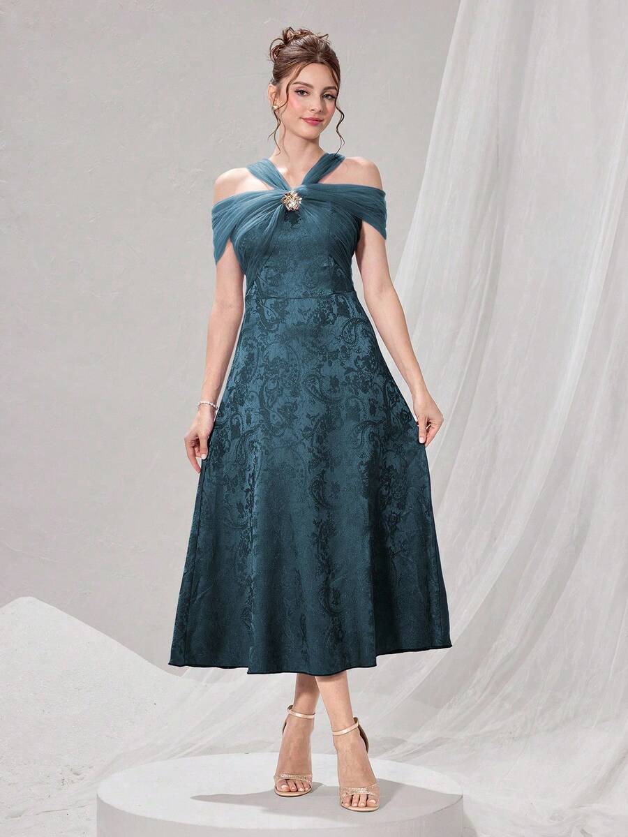 Poshira Váy dạ hội lệch vai thanh lịch lãng mạn thời trang dành cho nữ - màu xanh lá - Xem 1