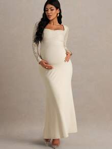 MaterniChic Autumn And Winter Elegant Contrast Lace Fishtail Hem Maternity Dress, Autumn Maternity Gown For Photoshoot Wedding Dress Long Sleeve Pregnant Dress Maternity White Dress Pregnancy Dress For Photoshoot - Apricot - View 4