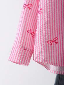 少女休闲时尚甜美翻领长袖修身竖条纹蝴蝶结印花纹理面料衬衫，适合返校季、秋冬季穿着。 - 粉色 - 查看 4