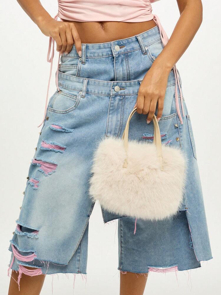 SUMWON WOMEN Fluffy Faux Fur Mini Bag With Double Handles