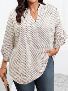 SHEIN Plus Size Casual Commuter All-Over Print Notch Collar Shirt - Coffee Brown - View 5