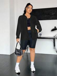 SHEIN EZwear 秋季大码休闲纯色前扣长袖衬衫 - 黑色 - 查看 6