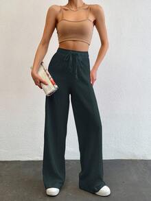 SHEIN Tall Tall Women's Solid Color Long Waist Drawstring Pants - Army Green - View 6