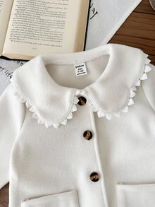 SHEIN 女婴幼儿新生儿0-3岁秋冬休闲优雅不对称领蝴蝶结大衣 - 杏色 - 查看 3