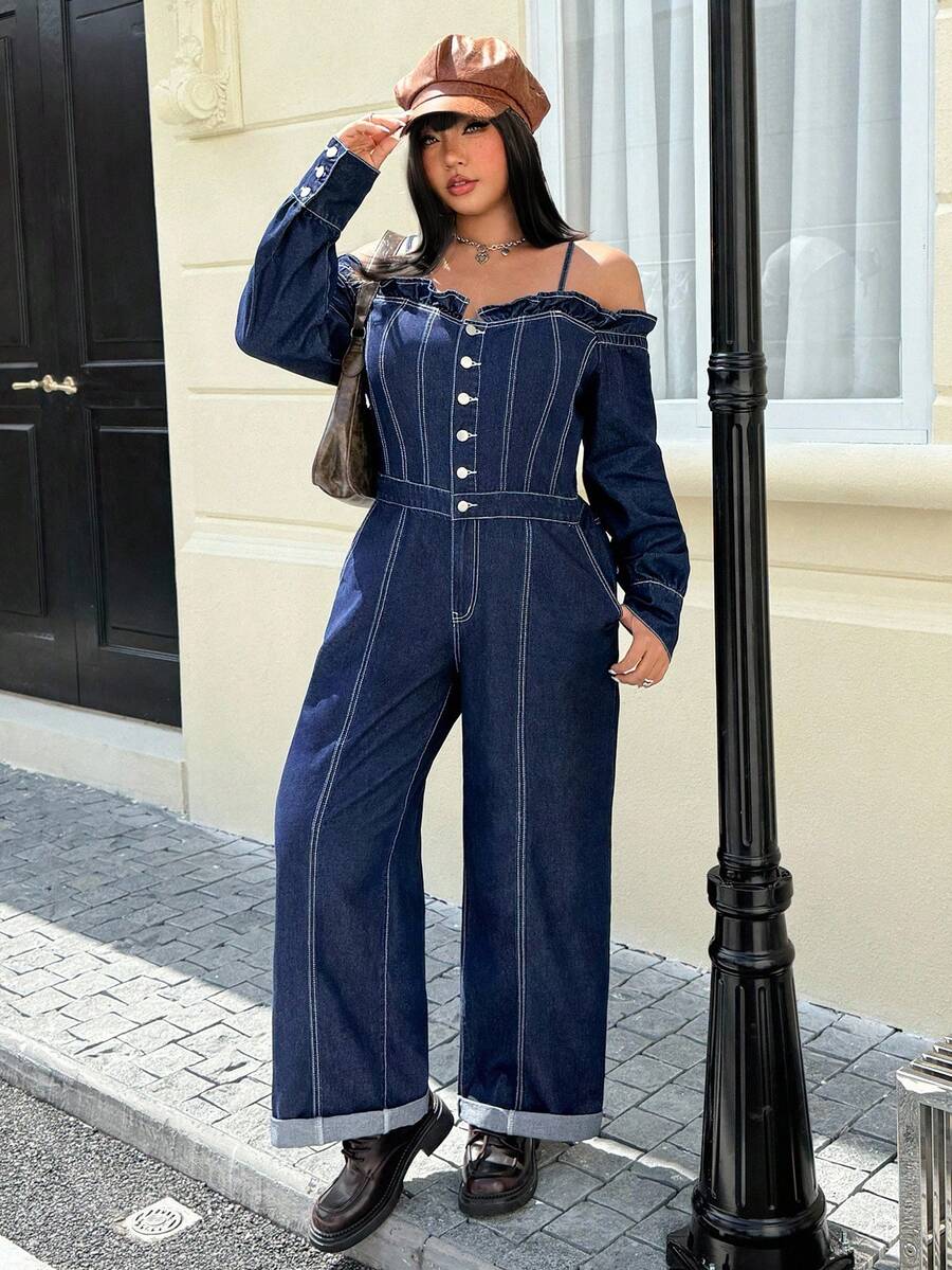 SHEIN EZwear Mono de mezclilla azul marino sin estiramiento de estilo deportivo casual para mujer de talla grande - Azul lavado oscuro - Ver 1