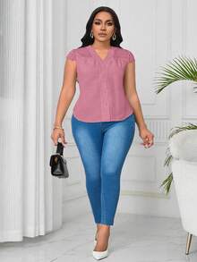 SHEIN Clasi Áo cánh vải họa tiết ren tương phản cổ chữ V cỡ lớn - Hồng - Xem 4