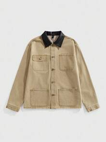 ROMWE MEN Street Life Giacca di jeans da uomo con colletto a contrasto e tasche multiple con bottoni