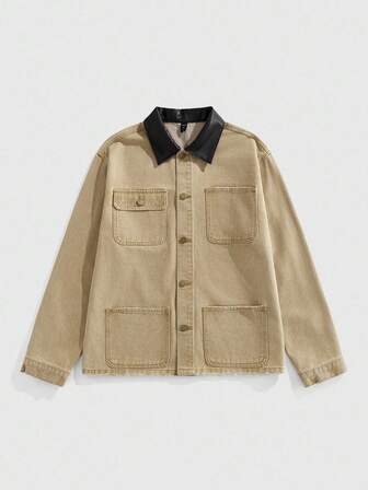 Street Life Men's Contrast Color Collar Multi-Pocket Button Denim Jacket