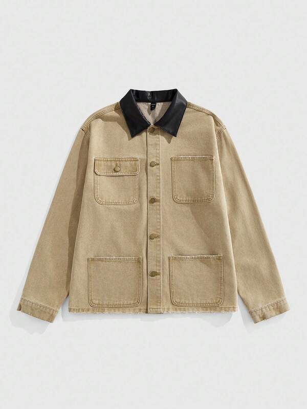 ROMWE MEN Street Life Men's Contrast Color Collar Multi-Pocket Button Denim Jacket