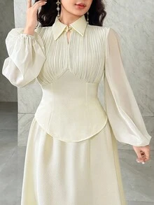 Modelyn 女士纯色褶皱灯笼袖衬衫和半裙优雅两件套 - 杏色 - 查看 6