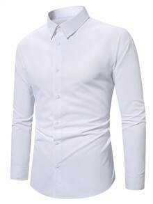 Calvornis 男士纯色长袖衬衫，修身版型，纽扣式，老爹装，全白，工作商务休闲装，适合秋季，老款风格 - 白色 - 查看 7