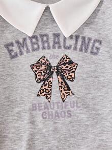 SHEIN Explorewe 2 件女童时尚休闲长袖可爱公主领蝴蝶结印花运动衫，柔软面料上衣和百搭褶皱格子裙，适合圣诞节、万圣节、秋季 - 灰色 - 查看 4