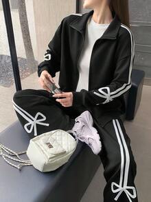 Tween Girl Knit Solid Color Contrast Tape Cardigan & Wide Leg Pants Casual Suit - Black - View 4