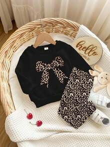 SHEIN Happikins Baby Girl Cute Black Autumn Winter 2pcs Outfit,Long Sleeve Leopard Print Bow Sweatshirt And Leggings Set,Casual Family Matching Clothes - Multicolor - View 3