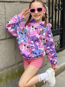 SHEIN Leap Crew Cute Cartoon Blue Rabbit Stitch Pattern Casual Campus Sports Style Tween Girl Loose Fit Comfortable Long Sleeve Sweatshirt, Suitable For Autumn/Winter Music Festivals, Outdoor Picnics, Outings, Street Photography, Home Wear Fall - Multicolor - View 3