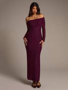 Aloruh Đầm midi ôm sát vai màu đỏ rượu Ankara lưới hở vai mới dành cho nữ mùa thu/đông - Màu tím - Xem 4