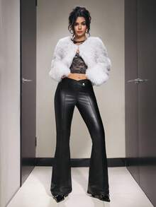 Jeanoix Pantalones de campana de moda de piel sintética con cintura asimétrica de unicolor para mujer