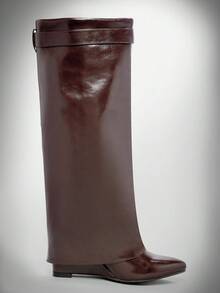 SHUZIA 女士时尚舒适尖头及膝高跟坡跟靴 - 巧克力棕 - 查看 7