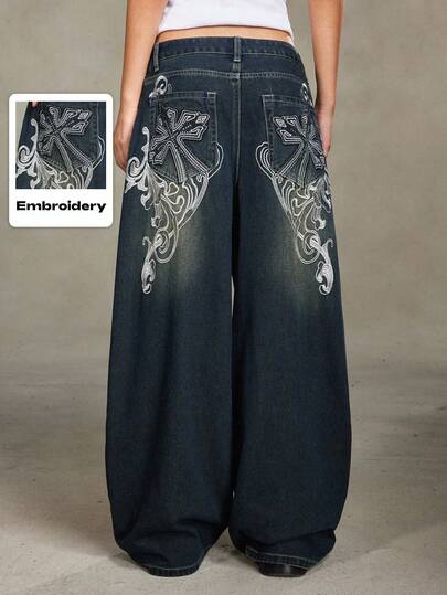 PETITE Jeans droits surdimensionnés extra longs, lavés, avec croix et vigne déchirés, style punk décontracté