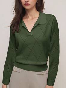 BizChic 春夏新款绿色 Polo 领菱形针织设计女士长袖套头毛衣，时尚优雅，适合都市通勤、日常穿着，百搭90年代复古风，可搭配圣诞节、新年、情人节派对、海滩、毕业典礼等场合，适合婚礼宾客、女主人、约会、派对、音乐会、早午餐、机场、度假等各种场合。 - 軍綠色 - 查看 1