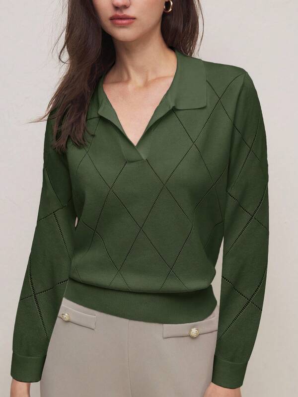 BizChic 2025 Otoño/Invierno Nuevo Suéter de Mujer de Manga Larga con Cuello de Polo, Patrón de Punto de Diamante en Verde, Elegante y de Moda para el Trabajo, Ir y Venir, Negocios, Casual, Adecuado para Ocasiones Formales como Bodas, Conciertos, Desayuno/Almuerzo, Aeropuerto, Día Nacional, Año Nuevo, Navidad, Halloween