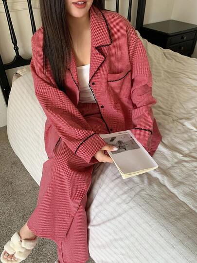 Dazy Plus 2pcs Plus Size Women Plaid Pajama Set, Lapel Collar Pocket Loose Watermelon Red Sleepwear Suit, Spring & Autumn, Fall Winter Clothes, Cozy Outfits