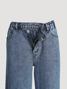 Teen Girl New Washed Denim Blue Asymmetrical Waist Design Loose Straight Leg Baggy Jeans, Fashionable Distressed Casual Pants, Versatile & Snug Fit, Suitable For Outdoor & Daily Wear