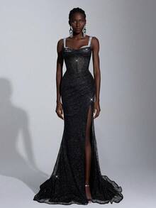 Elitara Elegant Luxurious Beaded & Sequin Splice Elastic Mesh Ruffle Collar Slit Fishtail Skirt, Suitable For Wedding, Party, Vacation, Ball, Evening Gown (Heavy-Duty)