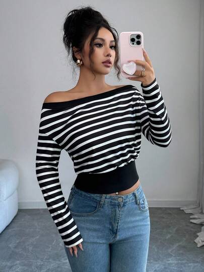 Elenzga Camiseta de manga larga de mujer de moda elegante con hombro descubierto y dobladillo a rayas